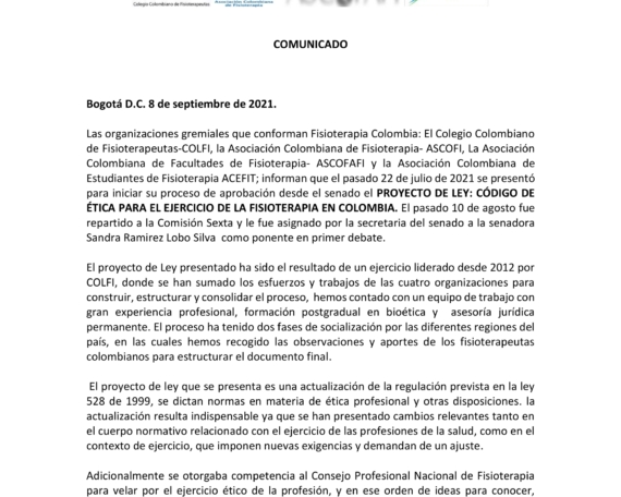 COMUNICADO Proyecto de ley: Código de ética para el ejercicio de la fisioterapia en Colombia