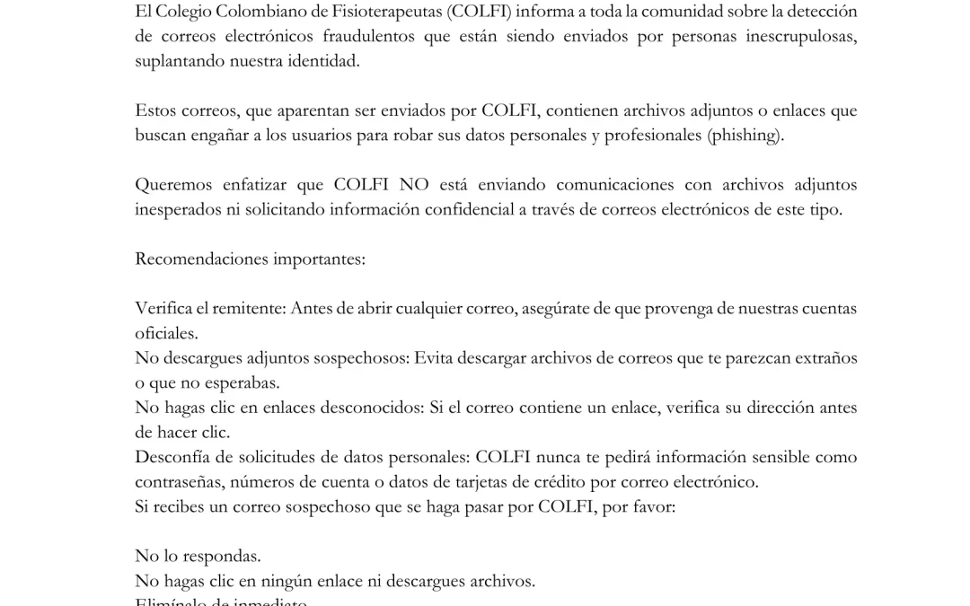 Comunicado: Sobre correos electrónicos fraudulentos enviados suplantando nuestra identidad.